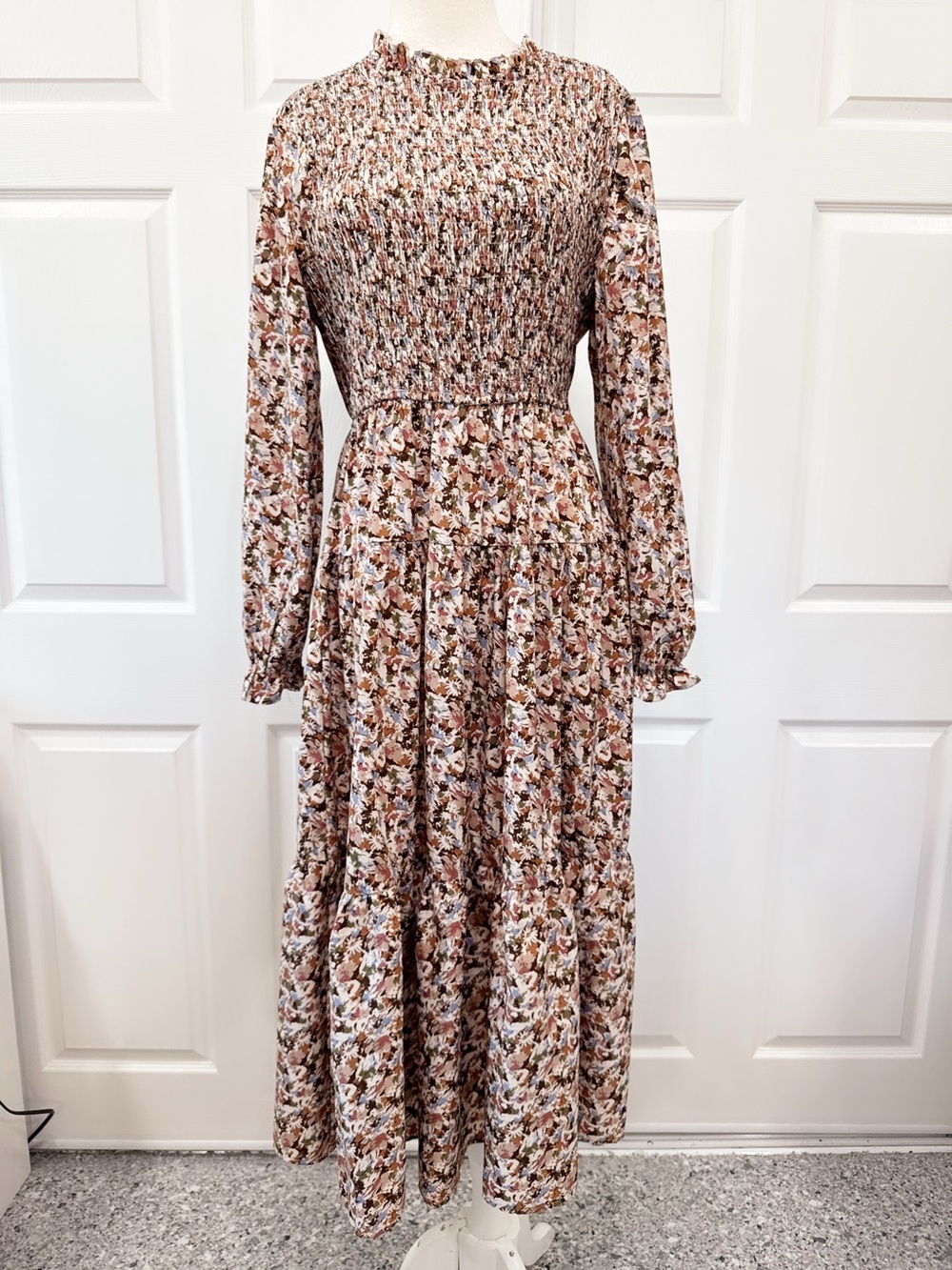Smocked Midi Dress in Beige Floral